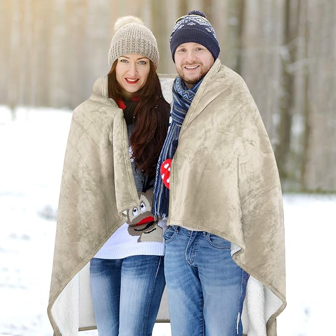 Catalonia Sherpa Wearable Blanket Poncho for Adult Women Men, Wrap Blanket Cape with Pocket, Warm, Soft, Cozy, Snuggly, Comfort Gift, No Sleeves, Camel