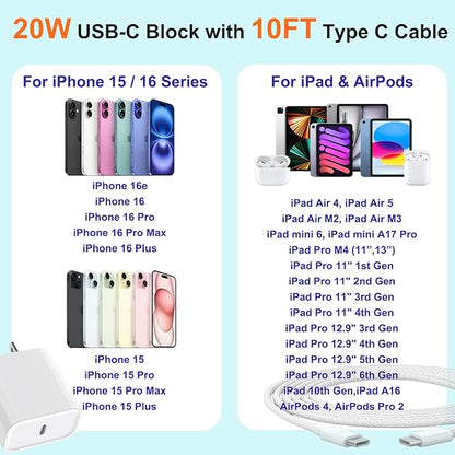 10FT iPhone 16 15 Charger Fast Charging,2Pack 20W Type C Chargers USB C Block 10Foot USB C to USB C Woven Cable, Apple i Phone 16 Charger for iPhone 16/16 Plus/16 Pro/16 Pro Max/iPhone 15 Pro Max/iPad