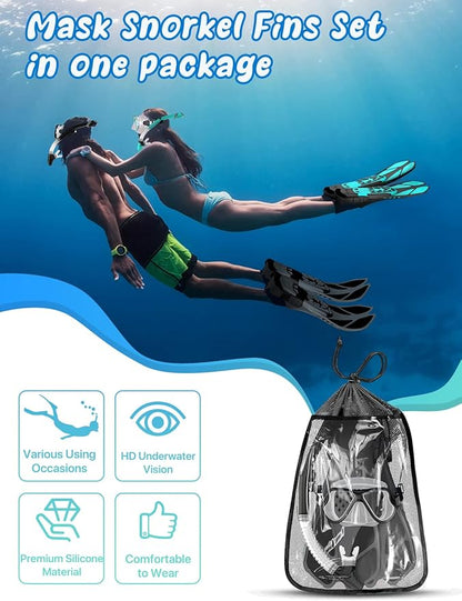 Zenoplige Mask Fins Snorkel Set, Snorkeling Gear for Adults, Panoramic View Snorkel Mask Anti-Fog, Adjustable Dive Flippers, Dry Top Snorkel and Travel Bag, Scuba Gear for Swimming Snorkeling Diving