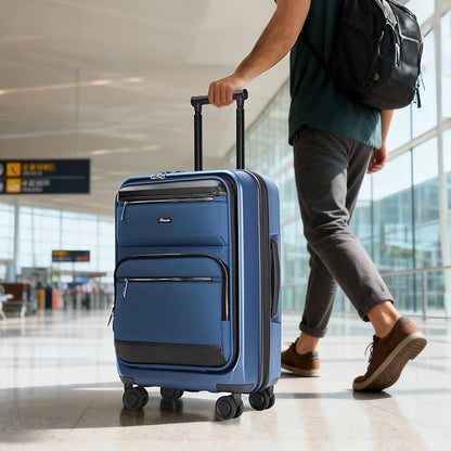 Luggage Sets 2 Piece, Carry On Luggage with Front Pocket & USB Port and 28 Inch Expandable Checked Luggage, Hybrid Soft Front & Hard Shell Suitcases with Spinner Wheels & TSA Lock, Blue