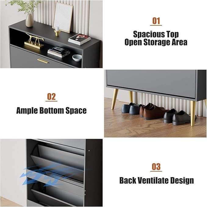 JOZZBY Shoe Cabinet for Entryway, Narrow Shoe Storage Cabinet with 2 Flip Drawers, Freestanding Hidden Shoe Rack Storage with Open Shelves for Hallway, Living Room, Set of 2, Black