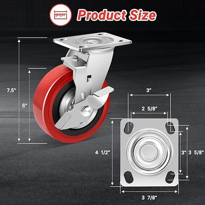 Nefish 6 Inch Industrial Grade Casters Wheels, Heavy Duty Polyurethane Casters (2 PACK) with Dual Ball Bearing, Solid Polyurethane Wheel 2250 Lb, Plate Swivel Casters for Cart, Industrial, Machine