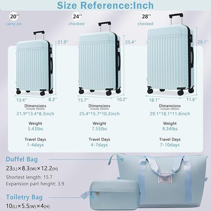 Merax 3 Piece Luggage Sets, Hardside Lightweight Carry on Suitcase,Durable Expandable Luggage with Travel Bags Spinner Wheels and TSA Lock,Light Blue