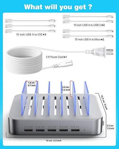 MSTJRY Charging Station for Multiple Devices : 5 Port Multi USB-A Charger Stations Multi-Device Organizer Charging Dock Designed for iPhone iPad Cell Phone Tablets (7 Short Cables Included), Silver