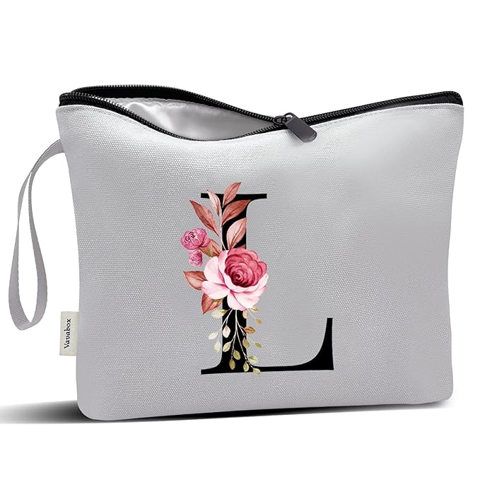 Vavabox A-Z Personalized Makeup Bag, Birthday Gifts for Women Mom, Gifts for Best Friend, Bride Bridesmaid Cosmetic bag (L, Grey)