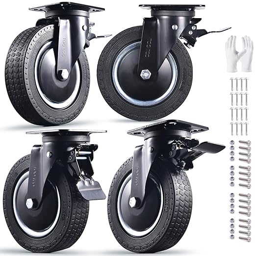 8" Industrial Caster Wheels Set of 4 Durable Heavy Duty All 4 Swivel Locking Casters with 3200 Lbs Load Capacity - Outdoor Rubber Wheels for Cart, Furniture, Workbench - Includes Bolts & Screws…