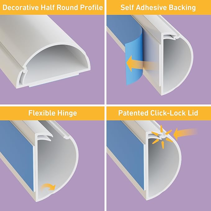 D-Line Half Round Cord Hider, Patented Cable Cover, Hide TV Wall Mount Wires, Raceway for Cords, Decorative Wire Covers, Paintable, Adhesive Cable Concealer, 2X 2in W x 1in H x 39in L, White