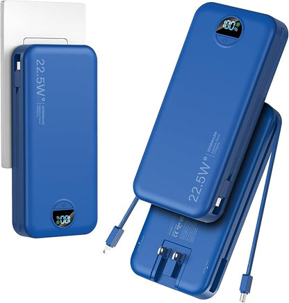 20000mAh Ultra-Portable-Charger-Power-Bank PD20W with Built in Cables&AC Wall Plug,Fast Charging Cell Phone Charger Battery Pack,LED Display Travel Battery Bank for All iPhone,Samsung,Android