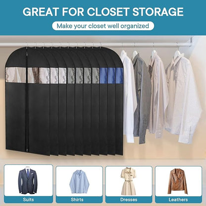 43" Suit Bags for Closet Storage and Travel, Garment Bags for Hanging Clothes, Suit Garment Bag for Men, Black Suit Cover Bags with Clear Window for Coats, Jackets, Shirts（10 Packs）