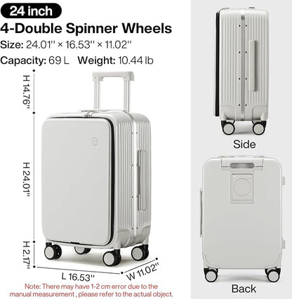 mixi Checked Luggage with Cup Phone Holder and Charger Hard Shell Suitcases with Spinner Wheels, 24 Inch Smoke White