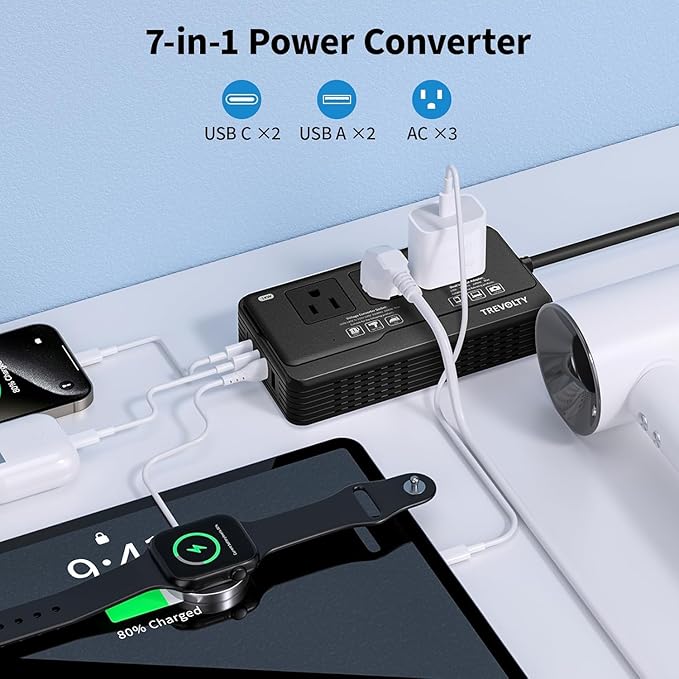 2000W Voltage Converter for Hair Dryers PC Phone Kettle, 220V to 110V Converter US to Europe, 7 in 1, 3 AC/2 USB/2 Type-C Ports, Power Converter Adapter EU/UK/IT/AU Plugs (Black)