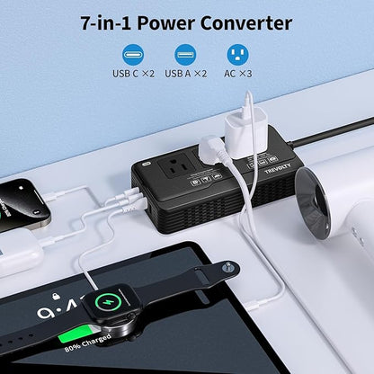 2000W Voltage Converter for Hair Dryers PC Phone Kettle, 220V to 110V Converter US to Europe, 7 in 1, 3 AC/2 USB/2 Type-C Ports, Power Converter Adapter EU/UK/IT/AU Plugs (Black)