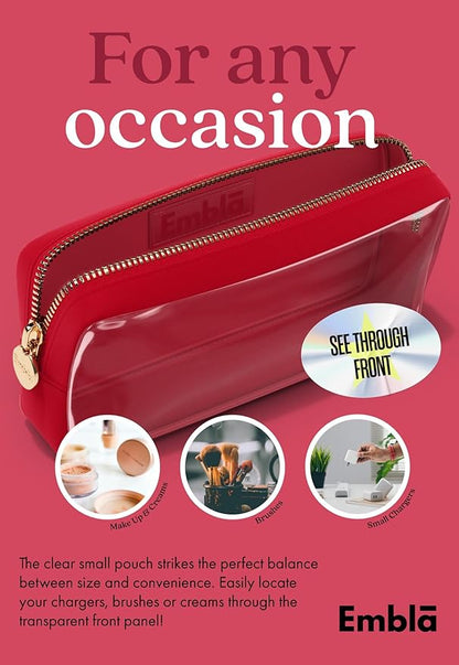 Embla Clear Cosmetic Bag Makeup Case, Clear Zipper Make Up Pouch and Toiletry Travel Tote, Cute Skincare Pouches for Women Girls, Preppy Purse Cosmetic Organizer, Small Makeup Bags, Ruby Red