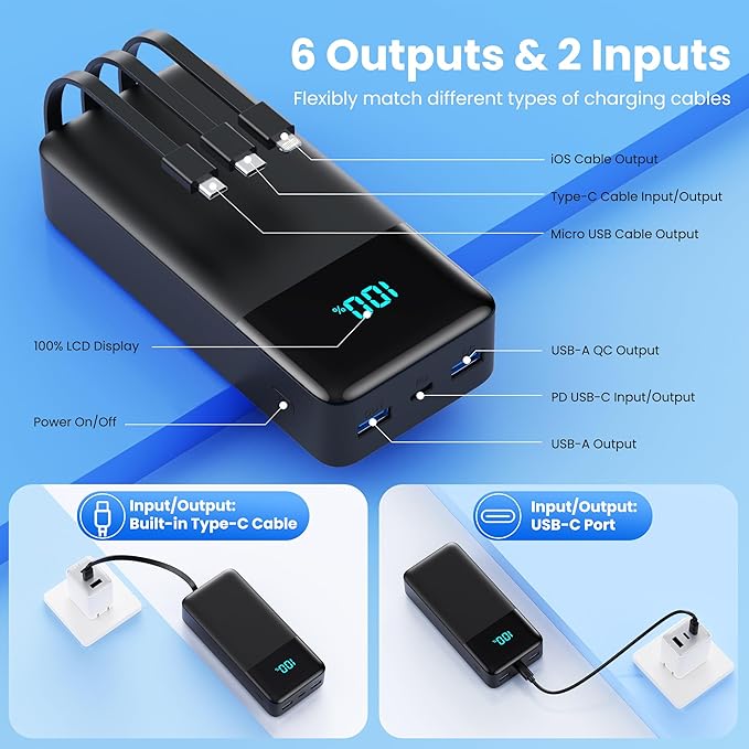 Portable Charger 60800mAh Power Bank with 3 Built in Cables,25W PD QC4.0 Fast Charging USB C Battery Pack,6 Outputs 2 Inputs LCD Display Portable Phone Charger for iPhone 16/15/14/13,Google,Android