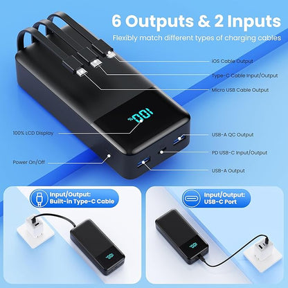 Portable Charger 50800mAh Power Bank with 3 Built-in Cable,25W PD USB C Power Bank Fast Phone Charging,QC4.0 Travel Outdoor Essential Portable Phone Battery Pack for iPhone 17/16/15/14,Galaxy Android