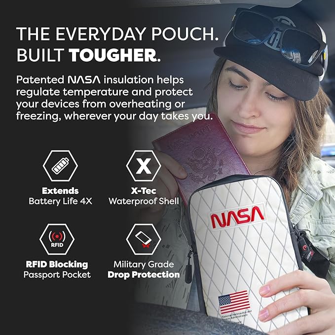 PHOOZY Orion Insulated Tech Bag For Travel - NASA Insulation Protects Your Phone, AirPods and Other Devices. Weatherproof X-Tech Shell with RFID Blocking Pocket for Complete Protection (SPACE WHITE)
