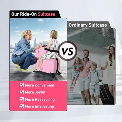Kids Ride on Suitcase, 20" Ride on Luggage with 4 Wheels, Scooter Suitcase for Boys Girls, Toddler Carry on Suitcases with Safety Belt & Adjustable Handle, Travel Luggage for Ages 3-6 (Pink)