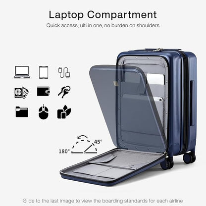 Hanke Grace Expandable Carry On Luggage with Wheels Airline Approved Hard Shell Suitcases with Front Pocket，Top Opening Luggage with TSA Lock for Short Business Travel, Dark Blue.