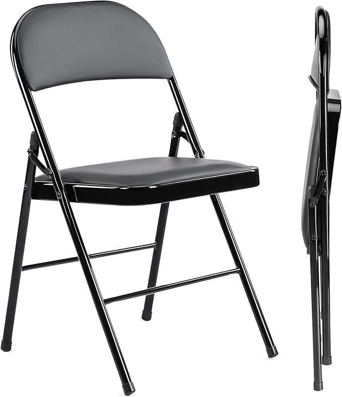 Folding Chairs 2 Pack, Portable Stackable Commercial Chair, Indoor Outdoor Padded Leather Chair with Sturdy Metal Frame, for Home, Office, or Party Events. (Black, 2 Pack)