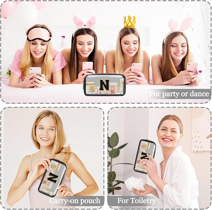 Small Clear Personalized Initial Makeup Bag,Nylon Preppy A-Z Chenille Letter Patch Cosmetic Pouch Beach Toiletry Bag,Waterproof Zipper Travel Purse Storage Bag Organizer for Women Girls(Black-Black N)