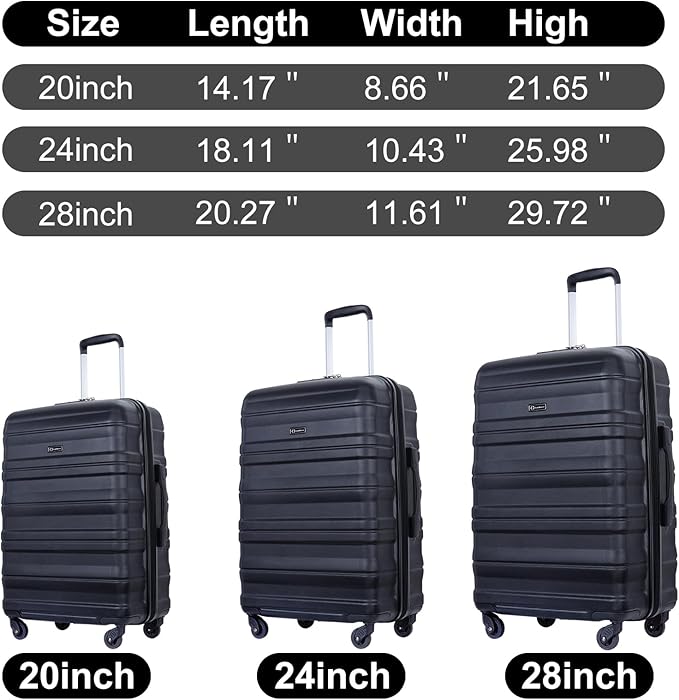 3 Piece Luggage Sets, PC Lightweight Expandable Suitcase with Two Hooks, Spinner Wheels, TSA Lock, (20/24/28) (Black)