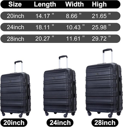 3 Piece Luggage Sets, PC Lightweight Expandable Suitcase with Two Hooks, Spinner Wheels, TSA Lock, (20/24/28) (Black)