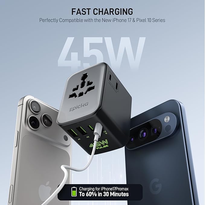 Epicka Pulse Duo 45W International Power Adapter, Universal Travel Adapter with 6-Port (2 AC/2 USB-A/2 USB-C), European Travel Plug Adapter with PD & QC 3.0 Fast Charging, Travel Essentials (Black)