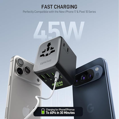 Epicka Pulse Duo 45W International Power Adapter, Universal Travel Adapter with 6-Port (2 AC/2 USB-A/2 USB-C), European Travel Plug Adapter with PD & QC 3.0 Fast Charging, Travel Essentials (Black)