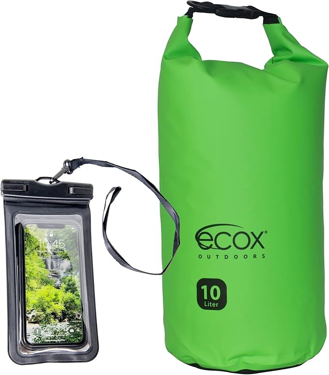 ecox Outdoors Waterproof Dry Bag for Outdoors Activities High Grade 500D PVC Construction Includes Waterproof Phone Case and Side Strap for Easy Carry 10L and 20L Models