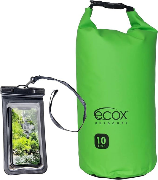 ecox Outdoors Waterproof Dry Bag for Outdoors Activities High Grade 500D PVC Construction Includes Waterproof Phone Case and Side Strap for Easy Carry 10L and 20L Models