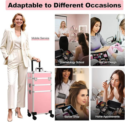 Rolling Makeup Case, Cosmetology Case on Wheels with Large Storage, Durable Design, Ideal Gift for Makeup Artists, Hairstylists, Nail Techs, Portable Beauty Organizer for Travel or Salon Use, Pink
