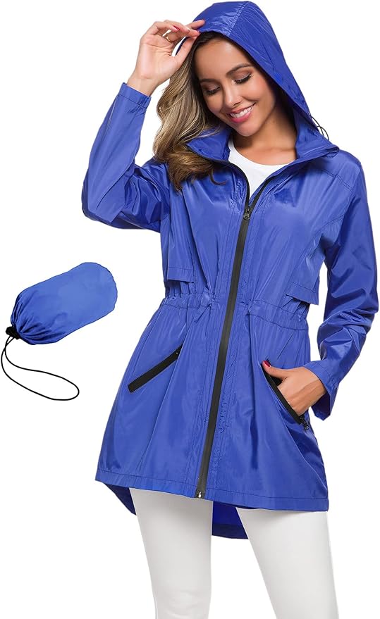Avoogue Women's Long Raincoat with Hood Outdoor Lightweight Windbreaker Rain Jacket Waterproof