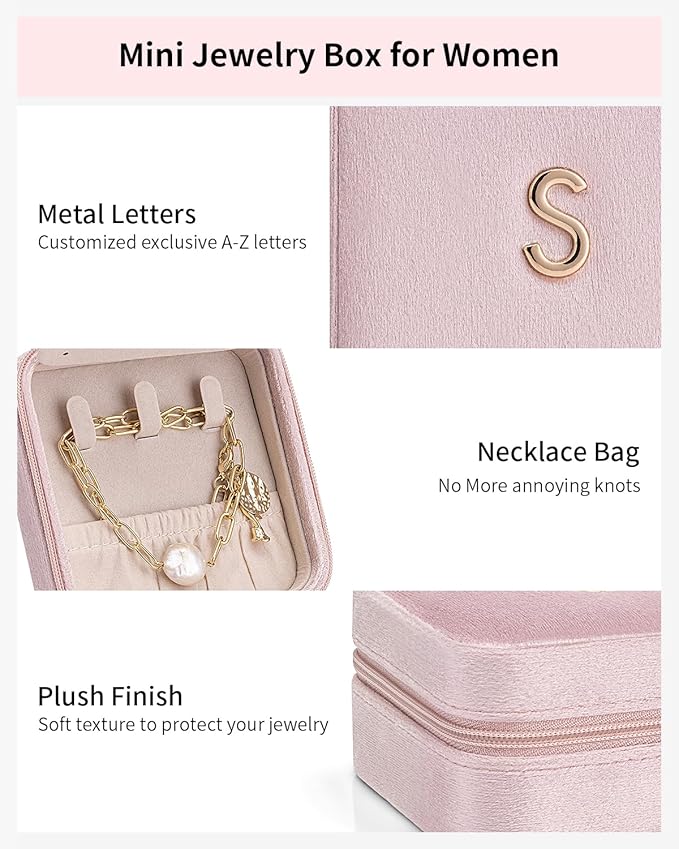 Vlando First Mothers day Gifts for New Mom, M Initial Travel Jewelry Case, Small Jewelry Travel Case, Personalized Travel Mini Jewelry Case, Birthday Gifts for Women Mom Grandma - Letter M, Pink