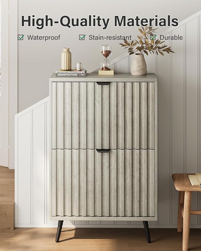 Shoe Storage Cabinet, Fluted Shoe Cabinet for Entryway, Grey Hidden Storage with Metal Legs, Flip Doors