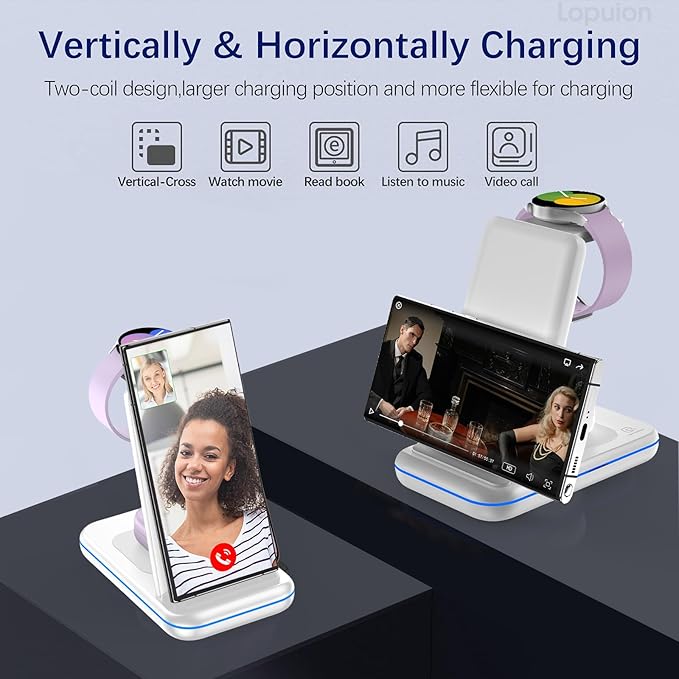 Wireless Charging Station for Samsung/Android, Fast Wireless Watch Charger Station Compatible for Samsung Galaxy S25 Ultra/S24/S23+/Z Flip 7/6 Fold 7/6, Watch8/7/Pro/Active 2 Galaxy Buds3/2 Pro(White)