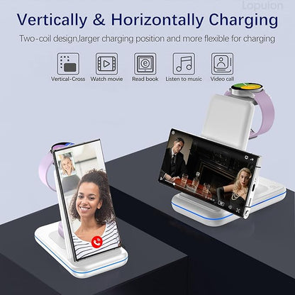 Wireless Charging Station for Samsung/Android, Fast Wireless Watch Charger Station Compatible for Samsung Galaxy S25 Ultra/S24/S23+/Z Flip 7/6 Fold 7/6, Watch8/7/Pro/Active 2 Galaxy Buds3/2 Pro(White)