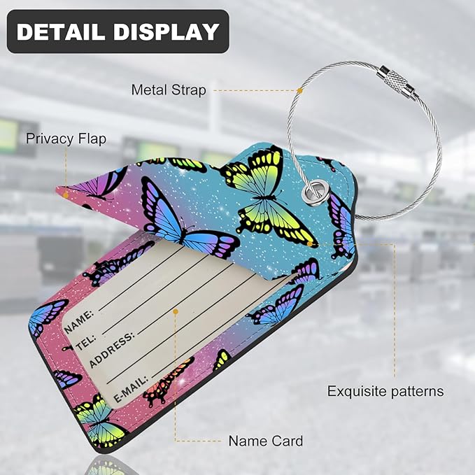 2Pack Luggage Tags for Suitcases, Cute Unique Pu Leather Cruise Luggage Tag with Privacy Cover ID Label Address Card and Metal Ring Suitable for Women Men Kids Travel Bag Colorful Butterflies