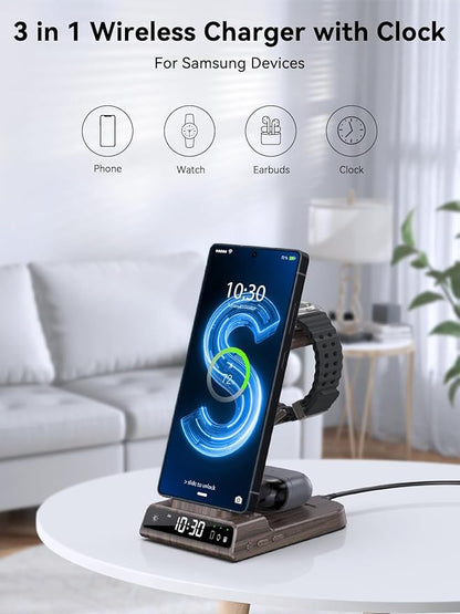 Wireless Charger for Samsung Charging Station with Clock for Samsung Galaxy S25 Ultra/S24 Ultra/Z Flip 7/ZFold6/Galaxy Bud, 3 in 1 Charger Station Watch Charger for Galaxy Watch 8/7/6/5Pro(Wood Grain)