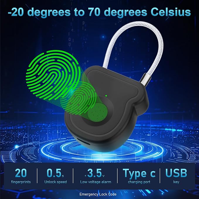 Fingerprint Padlock Lock with Key Backup, Biometric Metal Keyless Thumbprint Lock, Waterproof, USB Rechargeable, for Gym Locker, School Locker, Luggage, Backpack, Suitcase