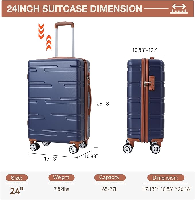GarveeHome 24 Inch Checked Luggage with Spinner Wheels, Travel Suitcase Hardshell Expandable with TSA Lock, Durable Rolling Suitcase