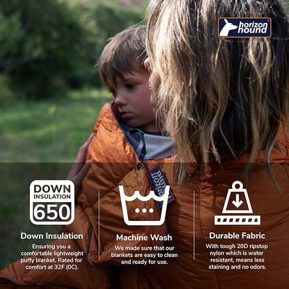 Horizon Hound Down Camping Blanket - Outdoor Travel Quilt | Sustainable, Insulated, Lightweight & Warm Gear for Sleep, Camping, Stadium, Hiking & Festivals | Water Resistant, Packable & Compact