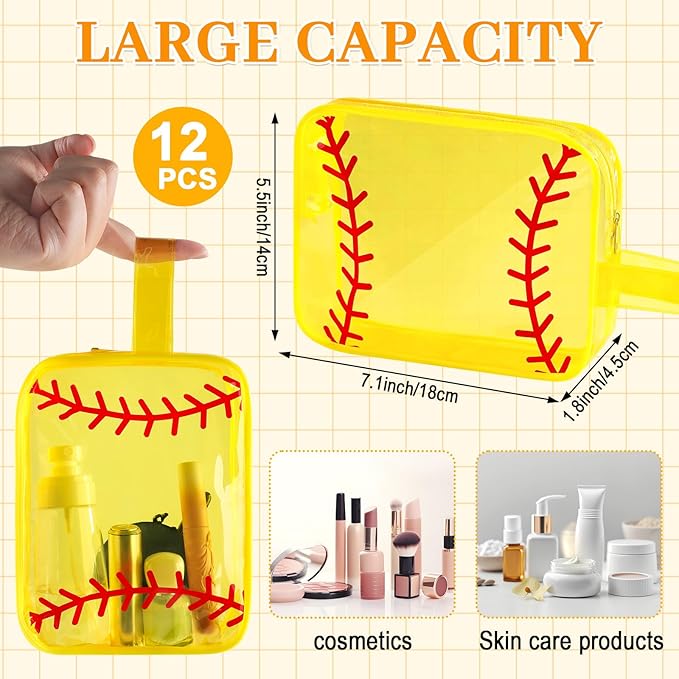 12 PCS Softball Cosmetic Bags Softball Gift Accessories Bags Goodie Snack Makeup Pouch Bag Waterproof Clear PVC Travel Bag with Zipper for Girls Valentine Team Gifts Player Sport Party Favors