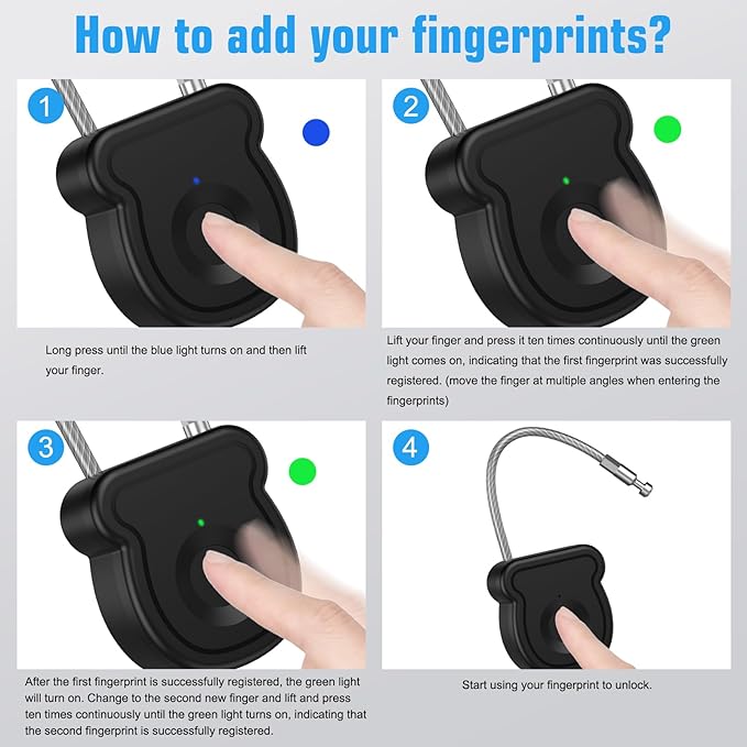 Smart Fingerprint Padlock for Luggage - 20 User Capacity, USB Key & Emergency Code, Keyless Biometric Lock for Gym Locker, Suitcase, Backpack, Toolbox & Handbag (Black)
