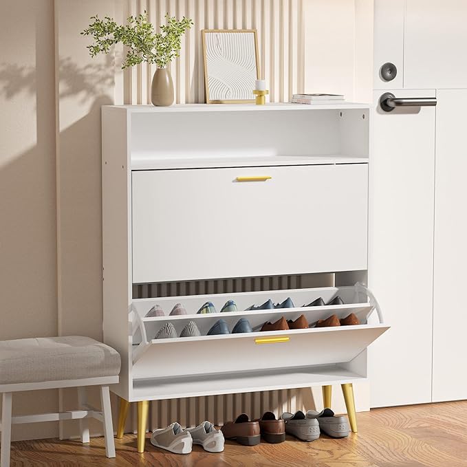 JOZZBY Shoe Cabinet for Entryway, White Narrow Shoe Storage Cabinet with 2 Flip Drawers, Freestanding Hidden Shoe Rack Storage with Open Shelves for Hallway, Living Room