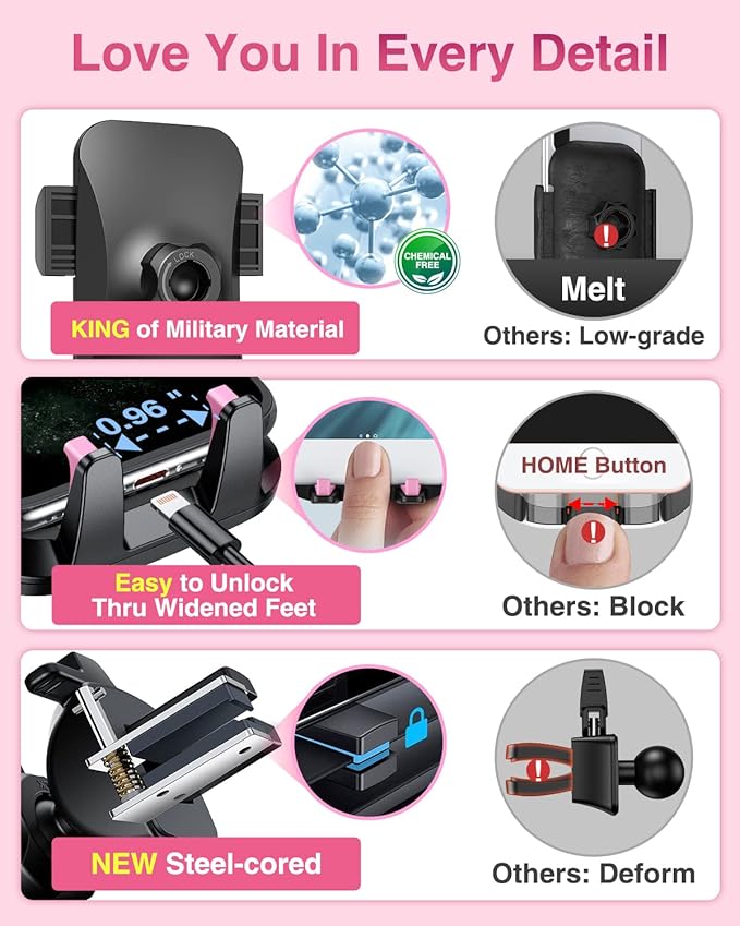 VANMASS【85+LBS Strongest Suction & Military-Grade Ultimate Car Phone Mount【Patent & Safety Certs】 Cell Phone Holder Truck for Dashboard Windshield Vent for iPhone 17 Pro Max 16 15 Desk Mounts, Pink