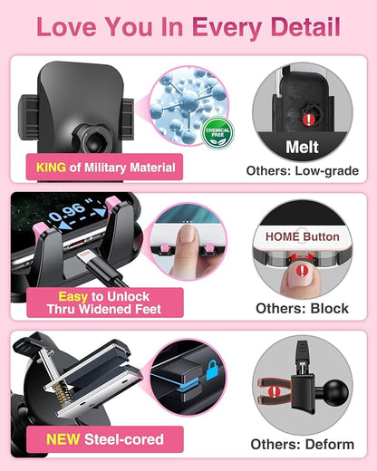 VANMASS【85+LBS Strongest Suction & Military-Grade Ultimate Car Phone Mount【Patent & Safety Certs】 Cell Phone Holder Truck for Dashboard Windshield Vent for iPhone 17 Pro Max 16 15 Desk Mounts, Pink