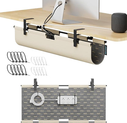 2-in-1 Under Desk Cable Management Tray & Privacy Panel, Dual-Sided Felt Cord Organizer to Hide Wires and Clutter, Desk Mount Cord Holder for Office and Home, Clamp or Screw Mount (Khaki/Gray, 30")