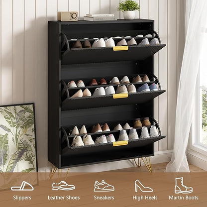 Shoe Storage Cabinet with 3 Flip Drawers, 31.5" W Fluted Shoe Cabinet for Entryway, Hidden Shoe Cabinet Storage, Narrow Free Standing Shoe Orgnaizer Rack Cabinet for Foyer Hallway, Black