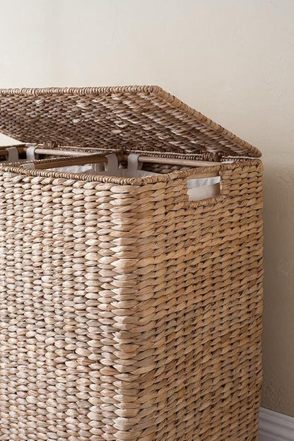 BIRDROCK HOME Oversized Divided Hamper with Liners (Honey) | Made of Natural Woven Seagrass Fiber | Organize Laundry | Cut-Out Handles for Easy Transport | Includes 2 Machine Washable Canvas Liners