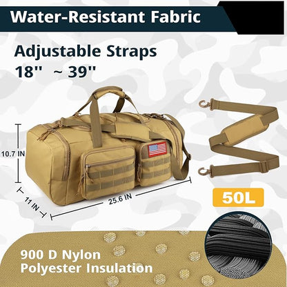 Tactical Gym Bag for Men，50L Large 3 in 1 Sports Duffle Bag with Shoes Compartment for Travel,Water Resistant Travel Backpack Weekender Overnight Bag with Wet Pocket for Women